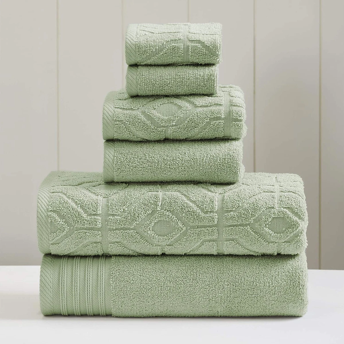 6 Piece White Cotton Diamond Bath Towel Set (2 Bath Towels, 2 Hand