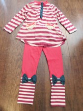 Fancaiwindmill red tan Striped Polka dot Bows accents Shirt Pants Outfit sz 5