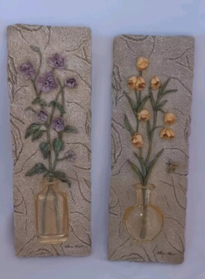 2-CHEN BLUM 3D Purple & Yellow Flowers in Vase Wall Art Tiles Resin 9''×3.5''