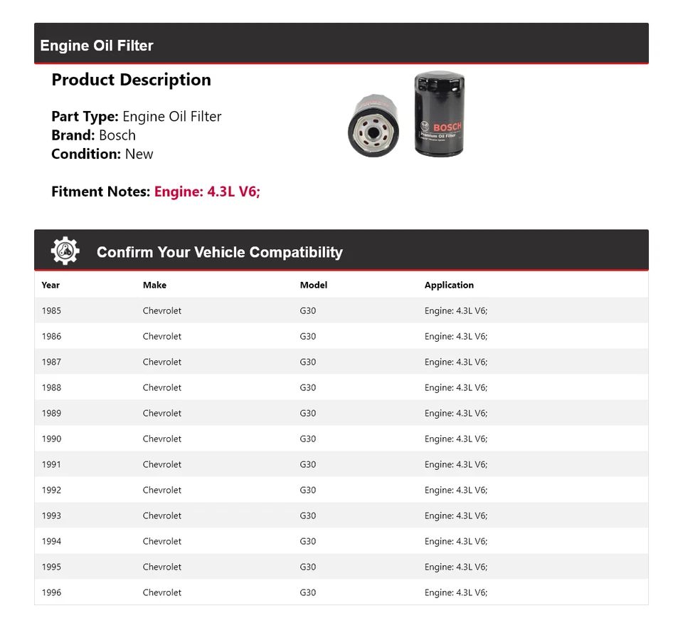 Масляный фильтр премиум-класса для Chevrolet G30 4,3 л V6 Bosch 1985-1996 годов выпуска 1986 1987 1988 1989 годов выпуска - Изображение 2 из 3