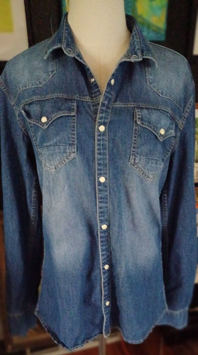 Denim Jean Shirt Western Pearl Snap Buttons Streetwear Unisex Nice Fade S/M