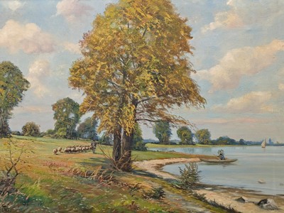 Wilhelm Reuter 1874-1958 Düsseldorf Schafherde Landschaft am Rhein  Signiert
