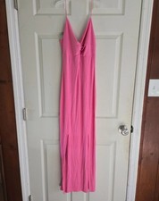 Fashion Nova Pink Ribbed Knit V-Neck Strappy Stretch Maxi Slip Dress L