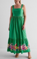 Express Floral Tiered Maxi Dress Women’s XL Green Tie Sleeves Boho Cottagecore
