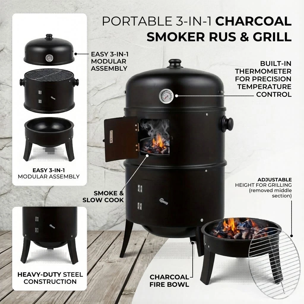 Portable Charcoal BBQ Grill Smoker Outdoor Camping Cooking Grill w/ Thermometer