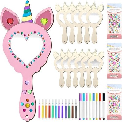 Einhorn Holzspiegel Bastelset   12 Teile, Malfarben, Glitzeraufkleber
