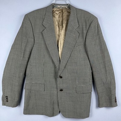 Hugo Boss Balzer Jacket Coat Mens 42 R Houndstooth Wool Silk Brown Blue
