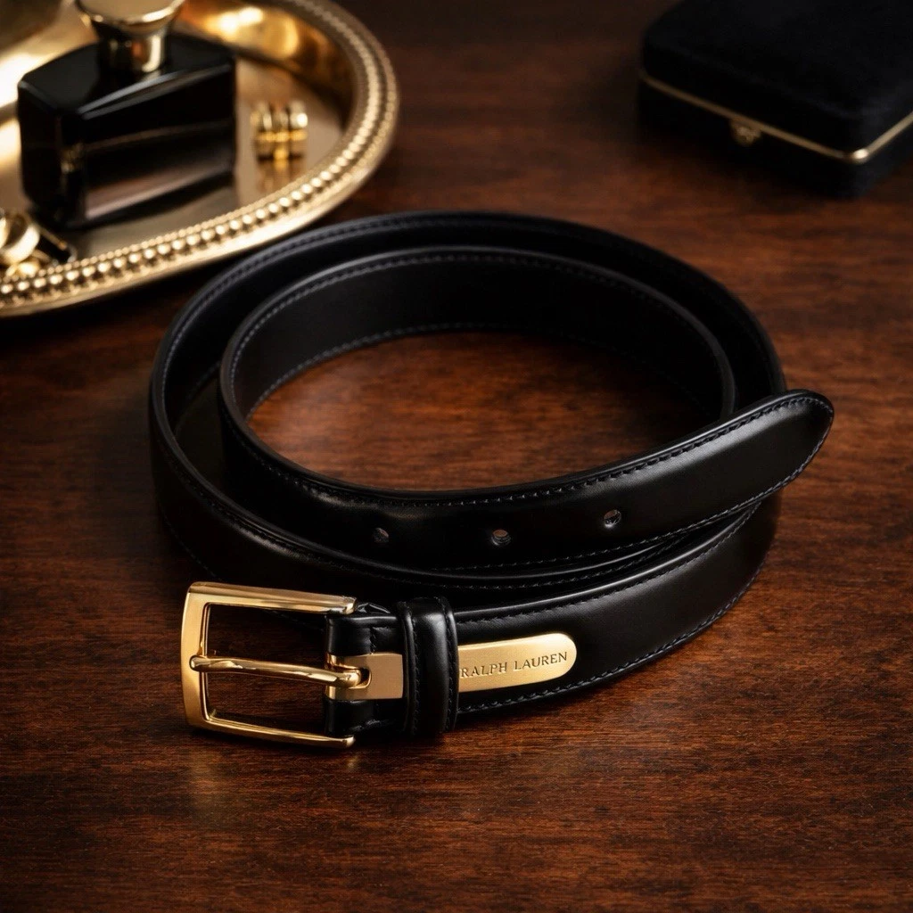 Ralph Lauren Italy Leather Belt 35.5” Black Gold Buckle  display picture 3