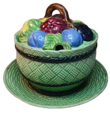 Jam Pot With Plate Vintage Maruhon Ware Japan Fruit on Basket Design