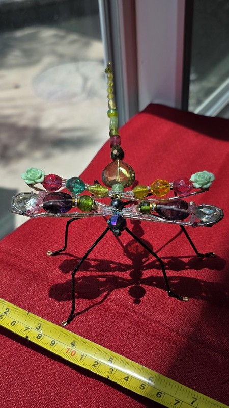Multicolor Beaded Glass Dragonfly Figurine Metal Wire Legs 3D Effect Suncatcher 