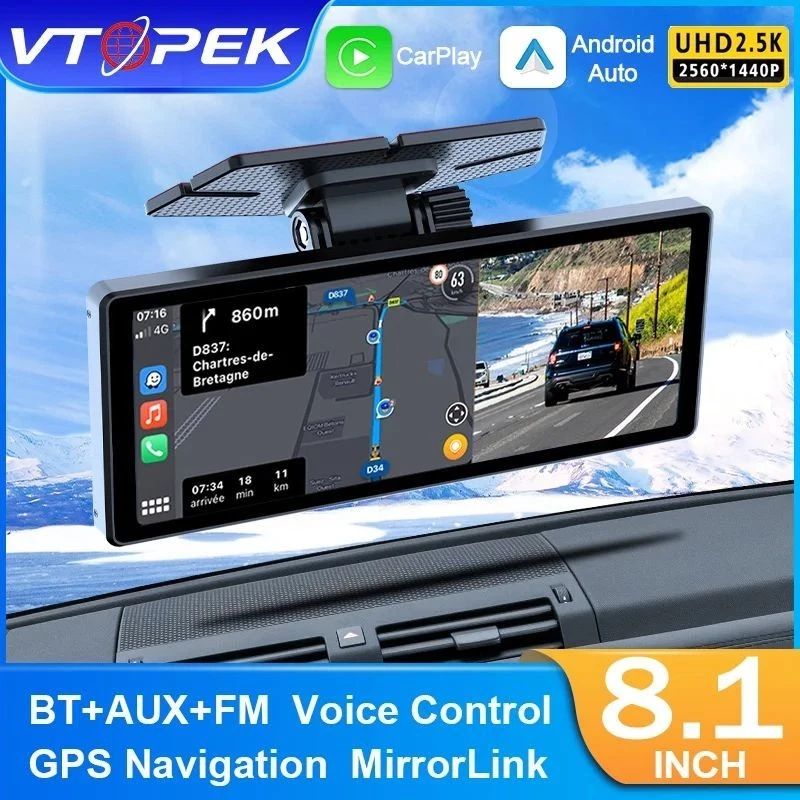 Vtopek 8,1 pulgadas 2,5 K cámara de salpicadero inalámbrica Carplay Android Auto - Imagen 4 de 4