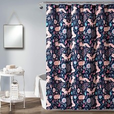 Pixie Fox Shower Curtain Navy Pink Fun Kids Floral Animal Decor 72x72 Inch