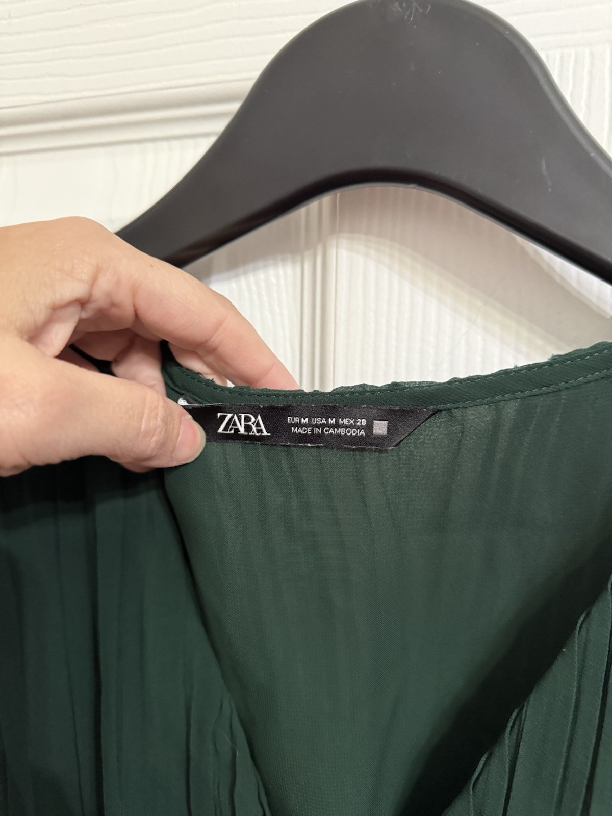 Zara Forest Green Pleated Midi Dress Smocked Waist Sheer Sleeves M thumbnail 4