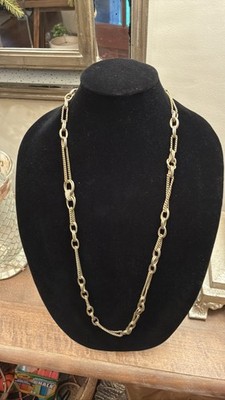 Gold Tone Textured Multi Chain Link Long Statement Necklace Rhinestones