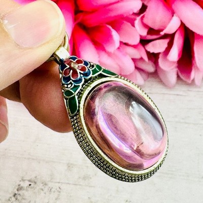 Charm S/S Pendant Leklai Naga Eye Lucky Stone Magic Love Pink Thai Amulet #15861