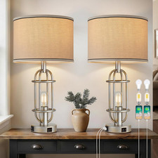 Set of 2 Farmhouse Table Lamps with USB Ports and Bulbs for Living Room