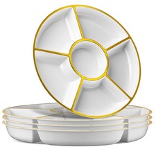 Plasticpro 6-Section Round Plastic Serving Tray Platter - White & Gold (8-Pack)