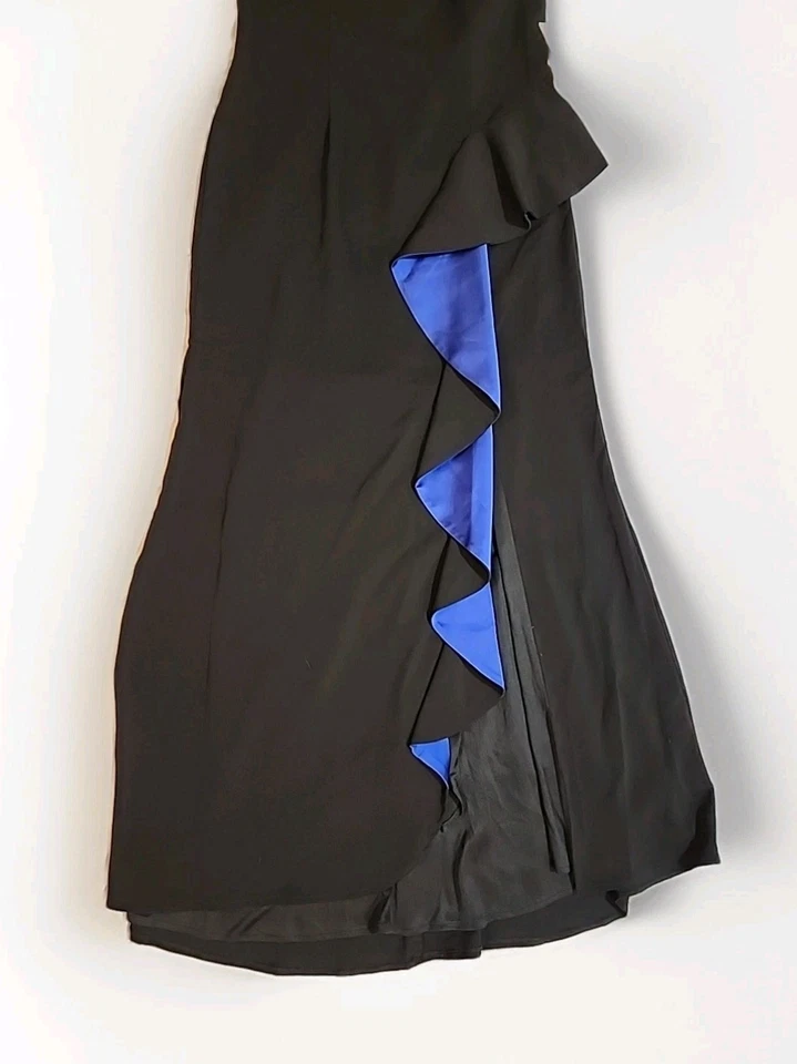 Vestido Carmen Marc Valvo Infusión 16 Negro con Volantes Laterales Azules Impresionante Forrado NUEVO Foto 2 de 4
