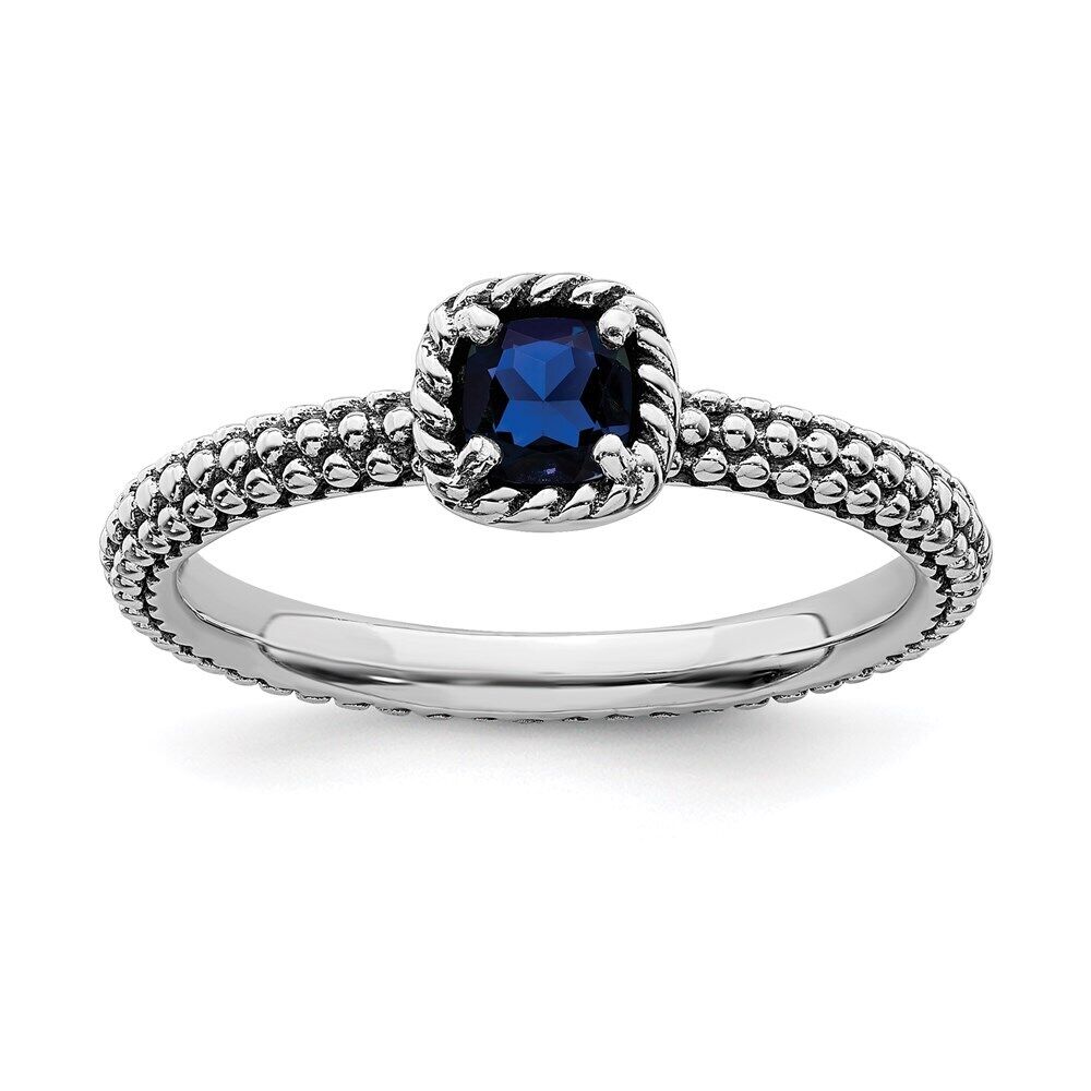 Sterling Silver Stackable Expressions Cushion Cut Cr. Blue Sapphire Ring Sterling Silver Stackable Expressions Cushion Cut Cr. Blue Sapphire Ring