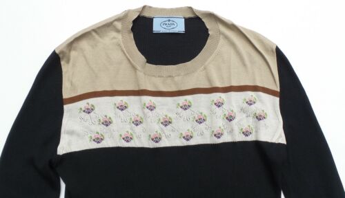PRADA Black Navy Rib Knit Beige Ivory Pink Floral Long Sleeve Sweater Top 44 M - Picture 8 of 12