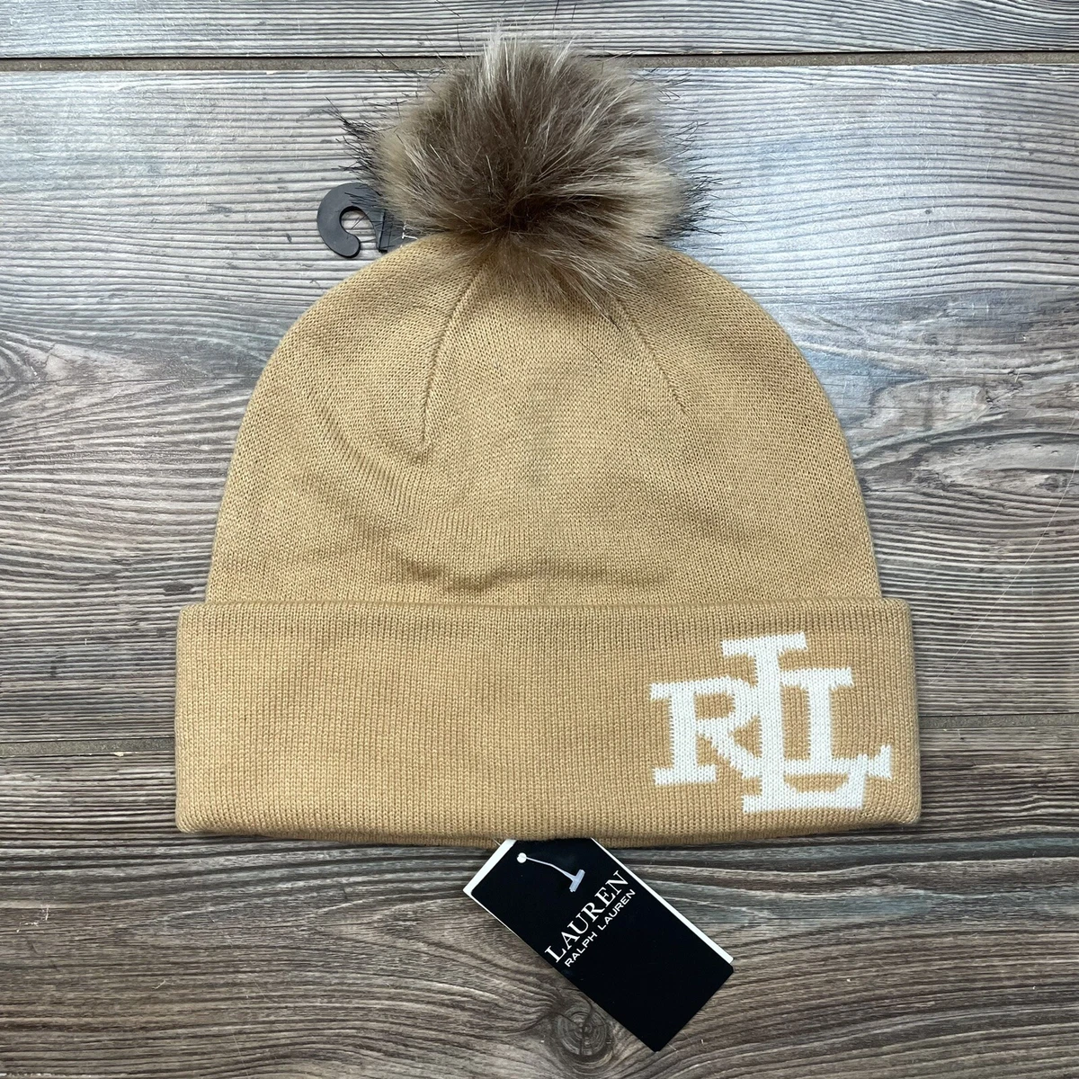 NWT Women\'s Lauren Ralph Lauren Cream Beanie with Tan Faux Fur Pom-Pom s7-1466401_lifestyle?$rl_4x5_zoom$ main image 4