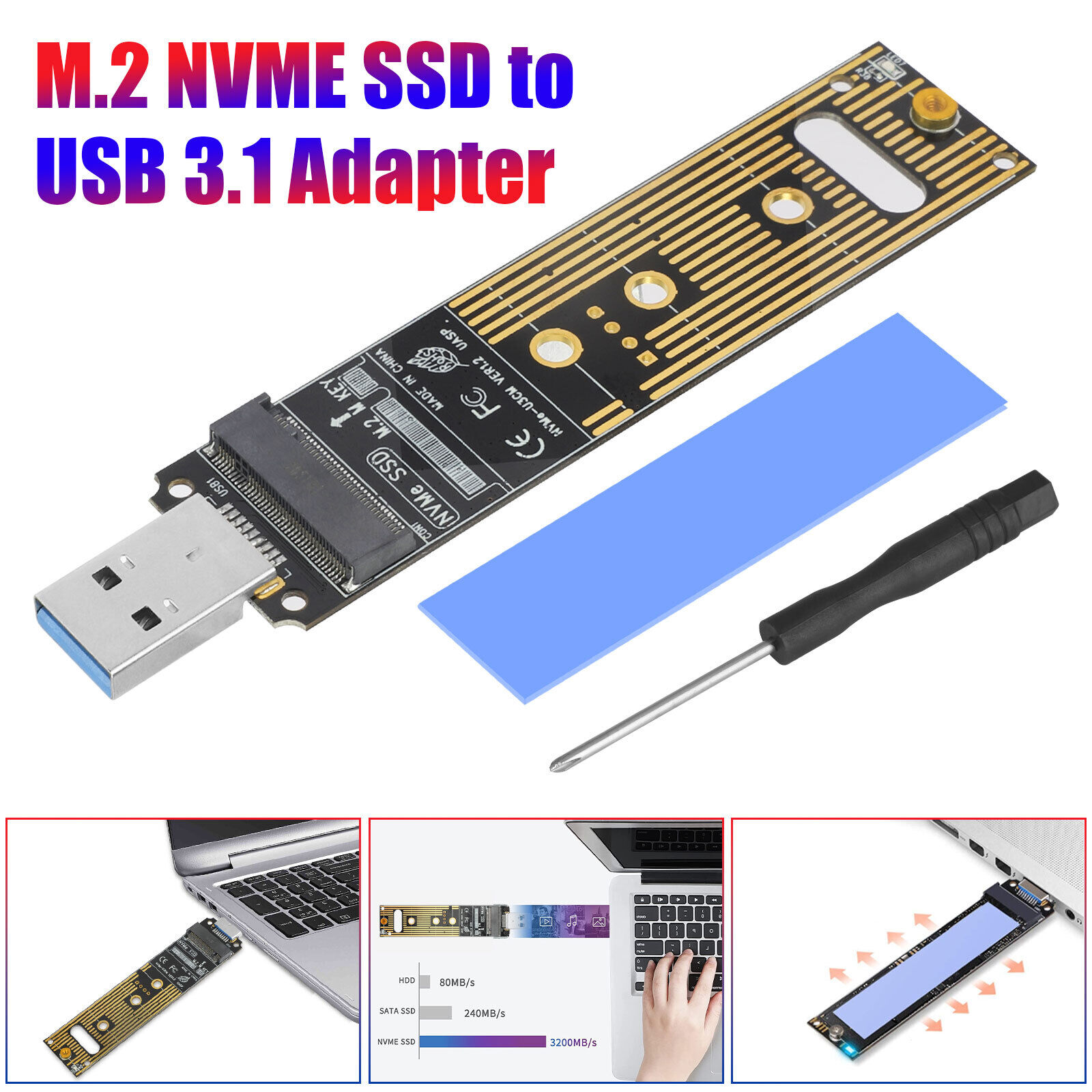 JESOT NVMe to USB Adapter, M.2 SSD to USB 3.1 Type A Card, M.2 PCIe Based M  Key Hard Drive Converter Reader as Portable SSD 10 Gbps USB 3.1 Gen 2