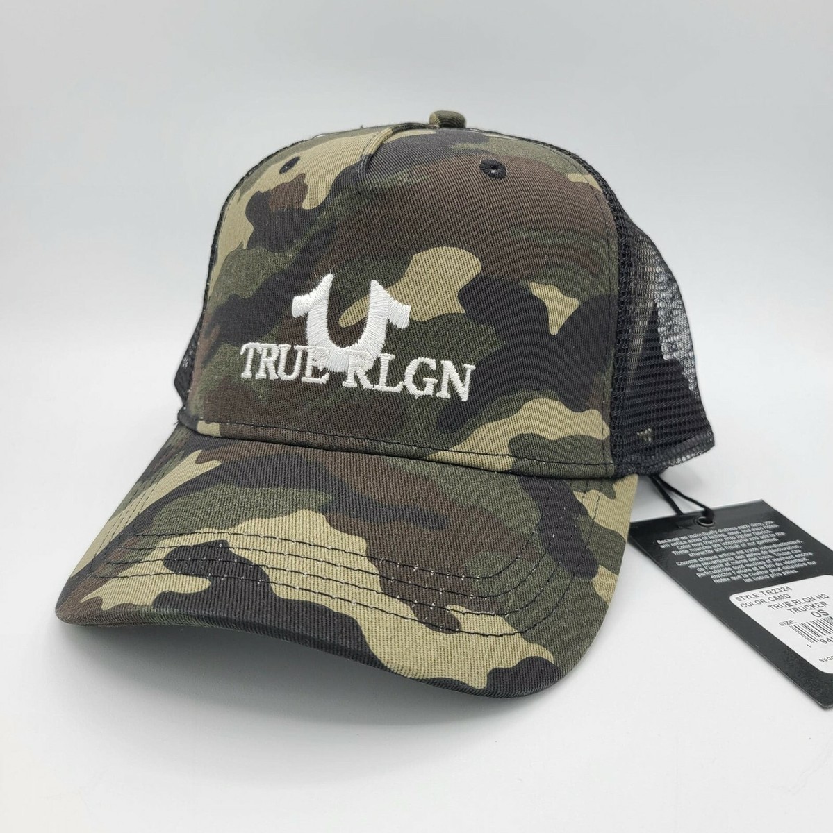 True Religion Hat Green Camo Black Mesh Snapback Adult Distressed