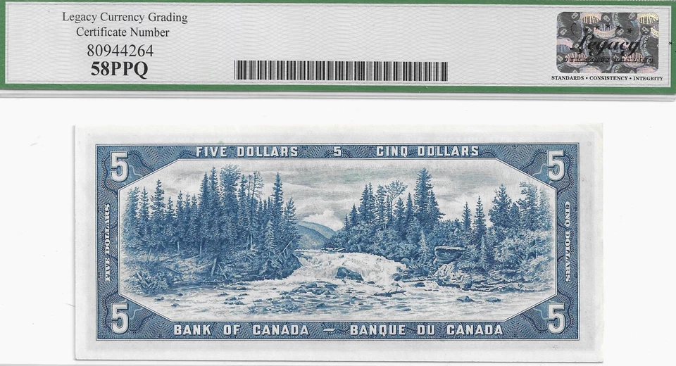 1954 Bank of Canada $5 - Modified, Replacement; BC-39aA; Legacy graded AU-58 PPQ - Image 2 of 2