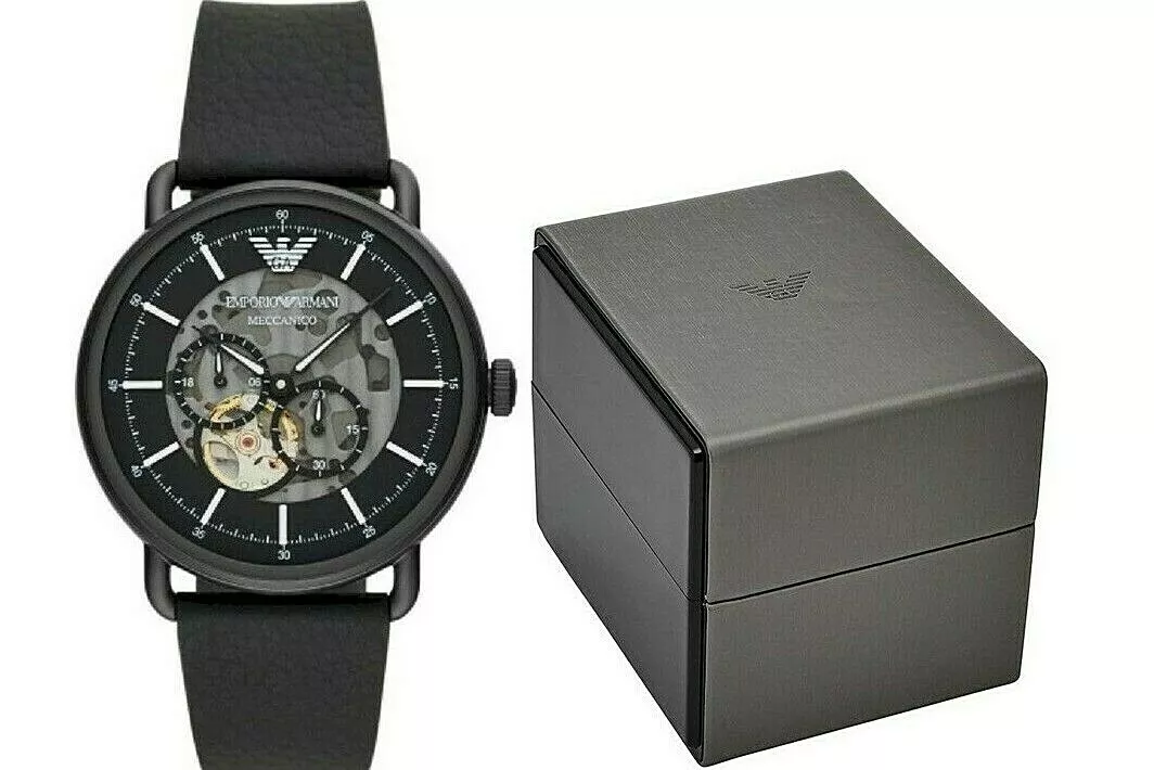 Emporio Armani Automatic Movement Skeleton Dial Black Leather 43mm Watch AR60028