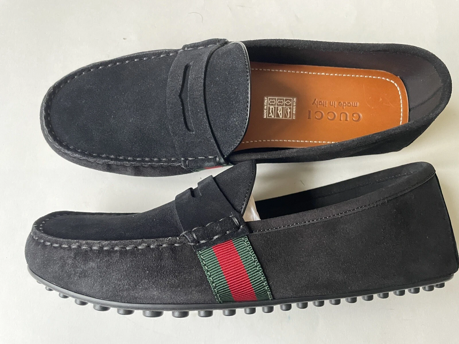 Mocassin de conduite homme GUCCI Hainan noir daim rayures Web taille UK 9, US 9,5