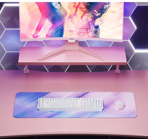 BRAND NEW MOTPK 60” GAMING DESK LARGE MONITOR STAND PINK CUP & HEADSET HOLDER - Picture 3 of 6