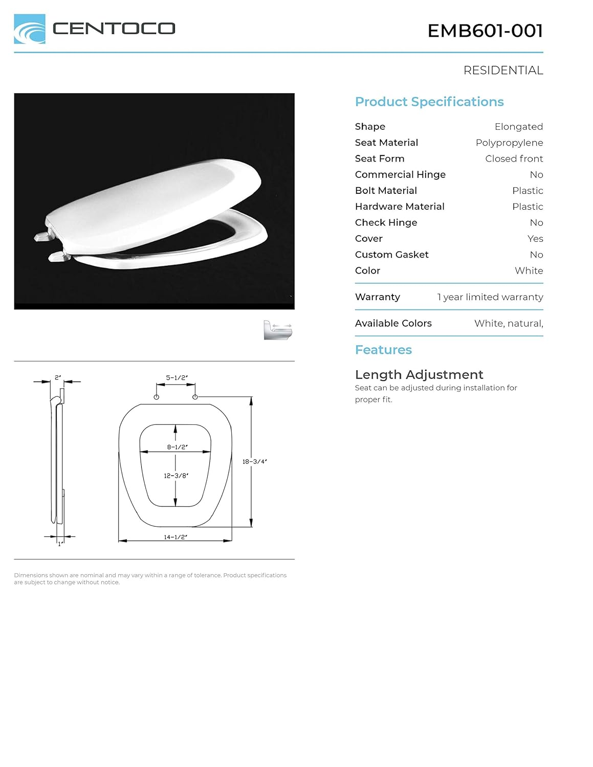 Eljer Emblem Elongated Toilet Seat with Square Front, Closed Front with