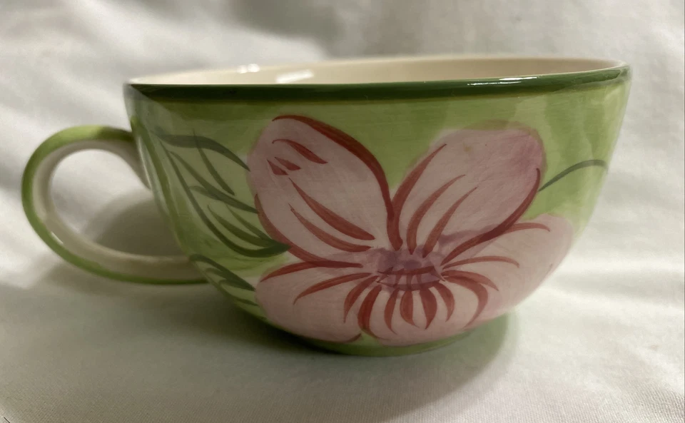 Taza de té de café vintage de gres floral rosa y verde April Cornell 2001 Foto 3 de 4