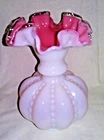 Vtg Fenton Beaded Melon Vase Pink Cased Overlay Ruffled Silver Crest Crimped 6"