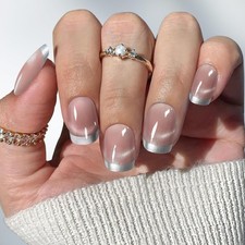 Short Square French Tip Press on Nails, Chrome Cat Eye Fake Nails with Glue, Sil