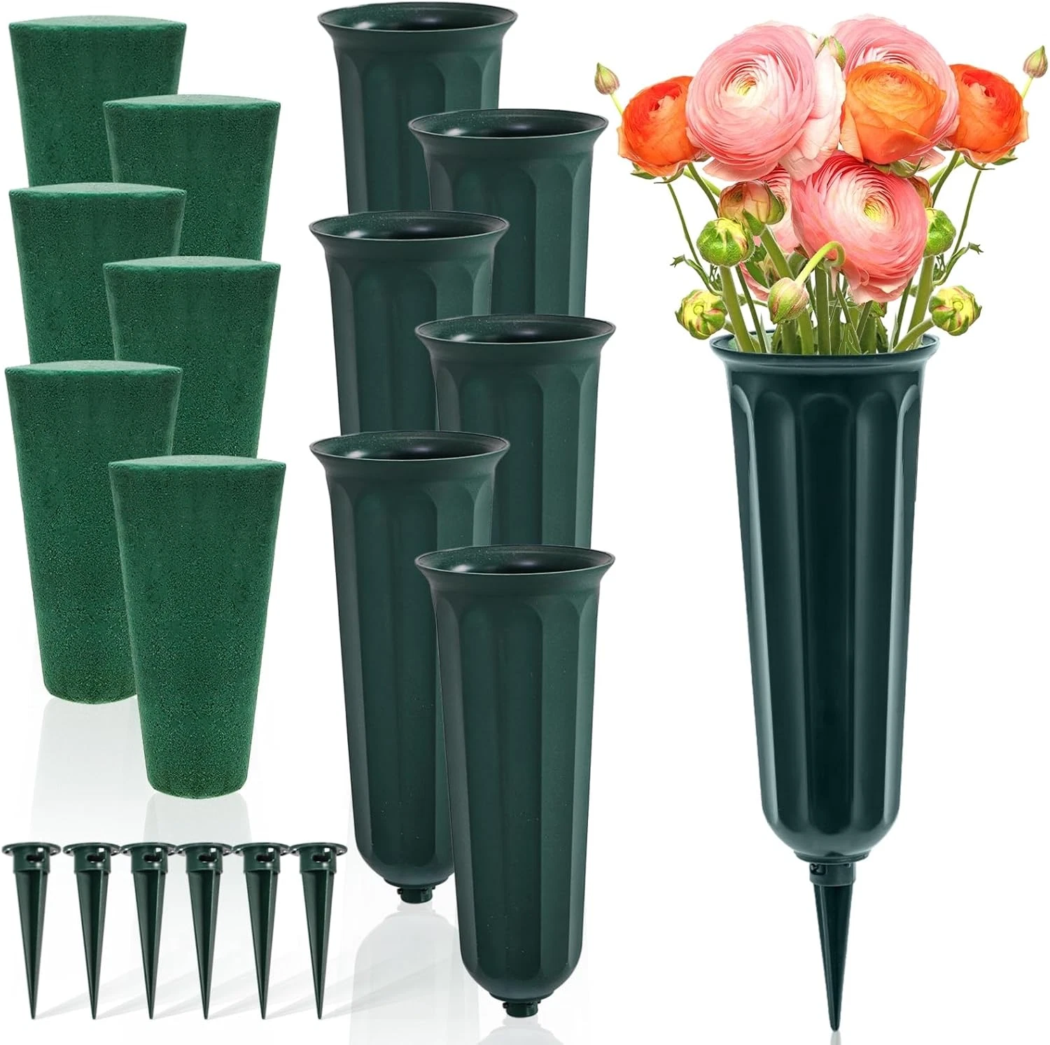 Goaste 6 Pack Cemetery Vases with Foam Inserts, Memorial Floral Vases with Spike