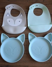 Cloud Island Silicon Baby Bib And Divided Plate Set Mint Green Fox