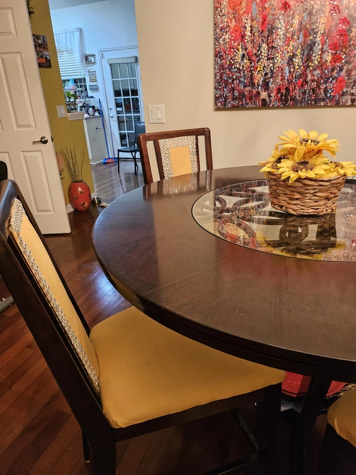 Round Wooden Dining Table Set with 3 Padded Chairs & 2 Seater Bench - Image 3 of 4