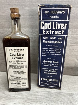 VTG Dr. Hobson s Cod Liver Extract Tonic XL Full Bottle Labeled W/Box Medicine!