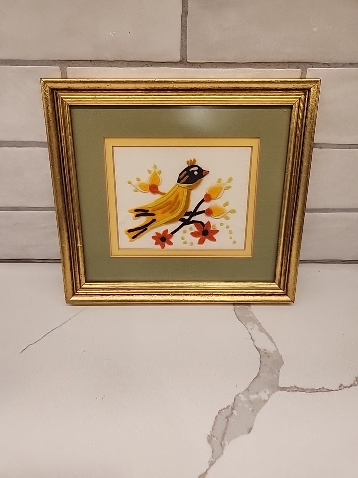 Vintage 1970s Felt Fiber Handmade Gold Framed Bird With Flowers Wall Art 9x8"