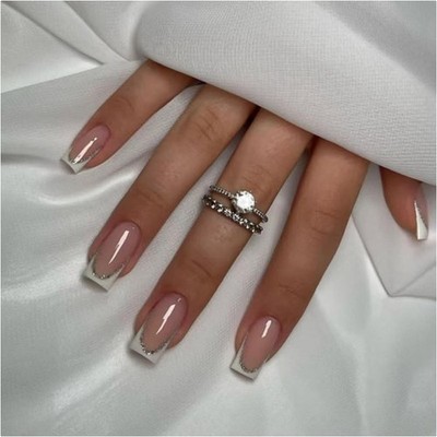Fake Nägel French Silber Glitzer Square Press on Nails lang 24 Stück