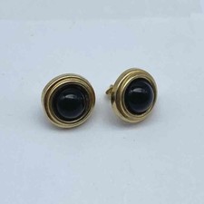 14K Yellow Gold Black Onyx Stud Earrings Bezel Set Round 11.6mm 1.02g
