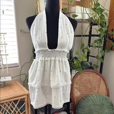 Unbranded White & Black Polka Dot Deep V Open Back Halter Neck Top