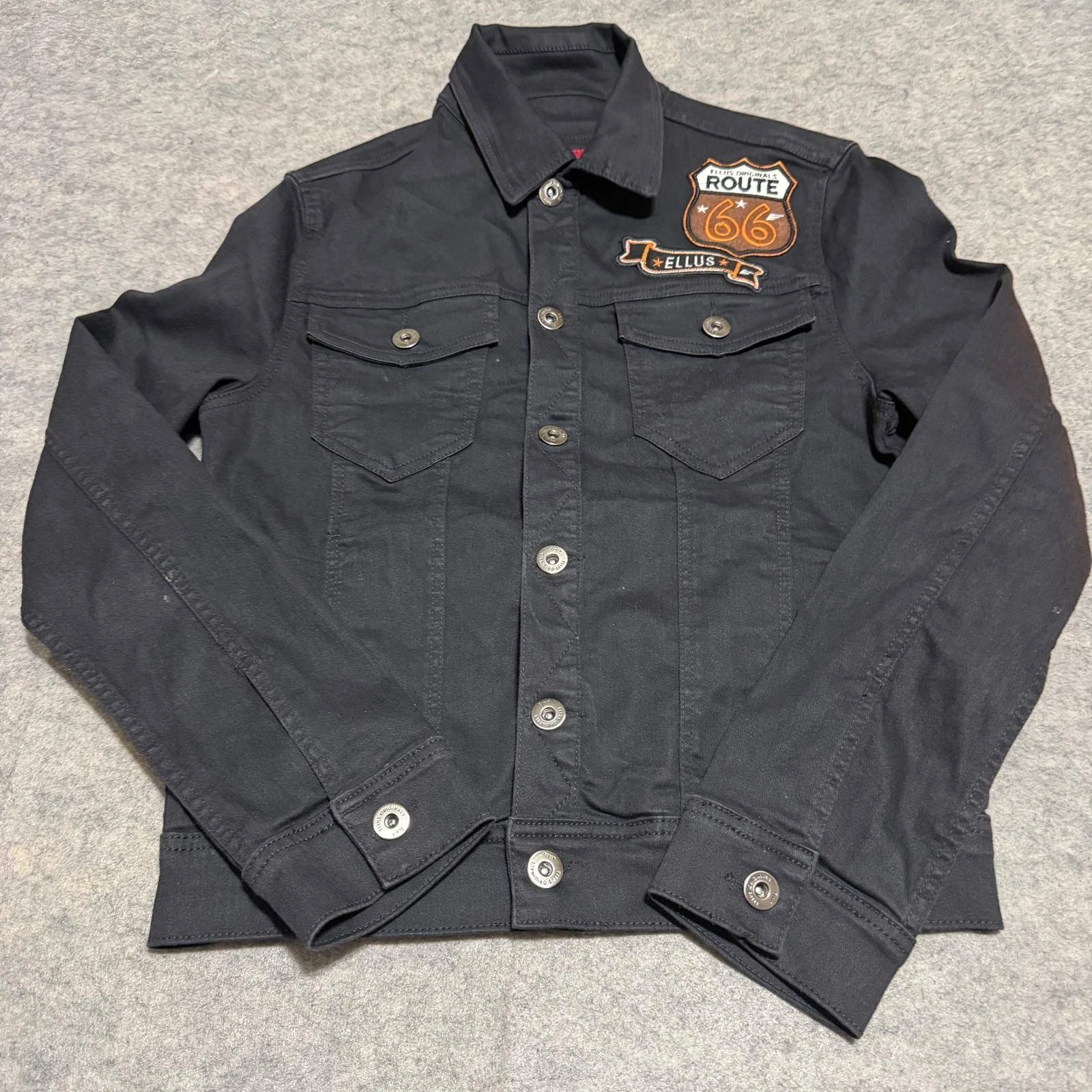 Ellus Premium Denim Trucker Jacket Mens M Black Route 66 Highway Eagle Patch