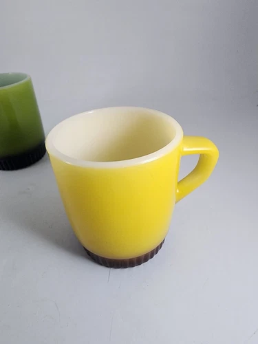 2 Vintage Fire King Green & Black Yellow & Brown Stackable Coffee Mugs
