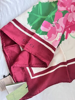 Gucci Ken Scott Floral GG Print Silk Square Scarf Pink Green