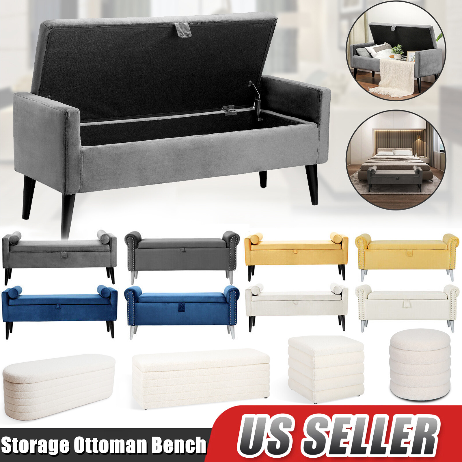 Storage Ottoman Bench Foot Rest Upholstered Stool Bedroom Entryway Living Room