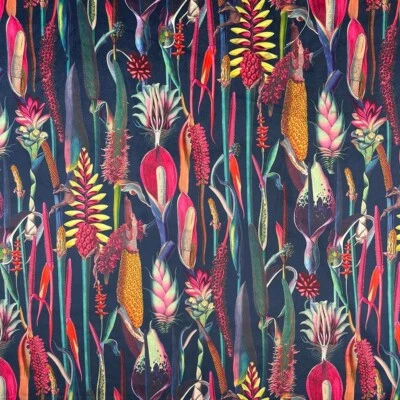 B&R Botanical Navy Tropical Jungle Velvet Fabric Curtains Cushions Furnishings
