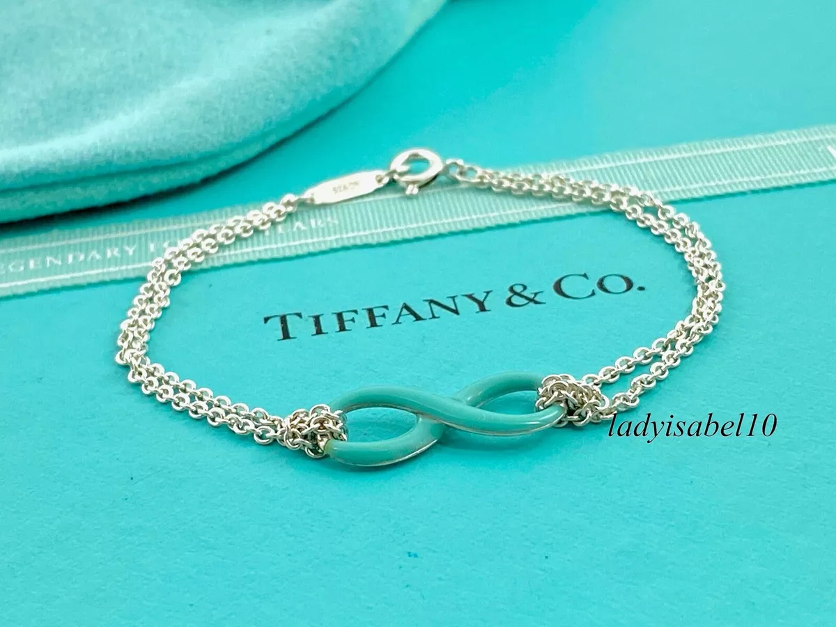 Tiffany Co Infinity Blue Enamel Double Chain Bracelet AG 925 Silver w Pouch