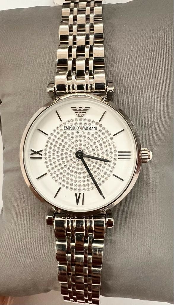 EMPORIO ARMANI White Crystal Pave Dial Stainless Steel Ladies Watch ...
